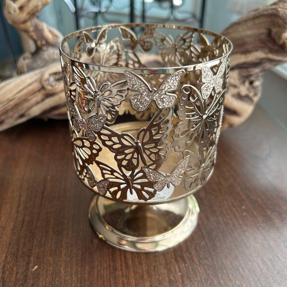 Bath & Body Works Silver Glitter Butterfly 3-Wick Candle Holder Metal Sleeve - Picture 3 of 5